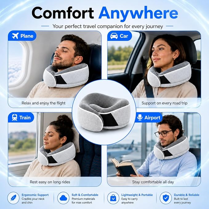 Travel Pillows for Airplanes - Memory Foam Neck Pillow for Sleeping and Travel - 360° Support Airplane Pillow Set with Eye Mask, Earplugs & Luggage Scale, Portable Travel Essentials. Light Grey - Image 5