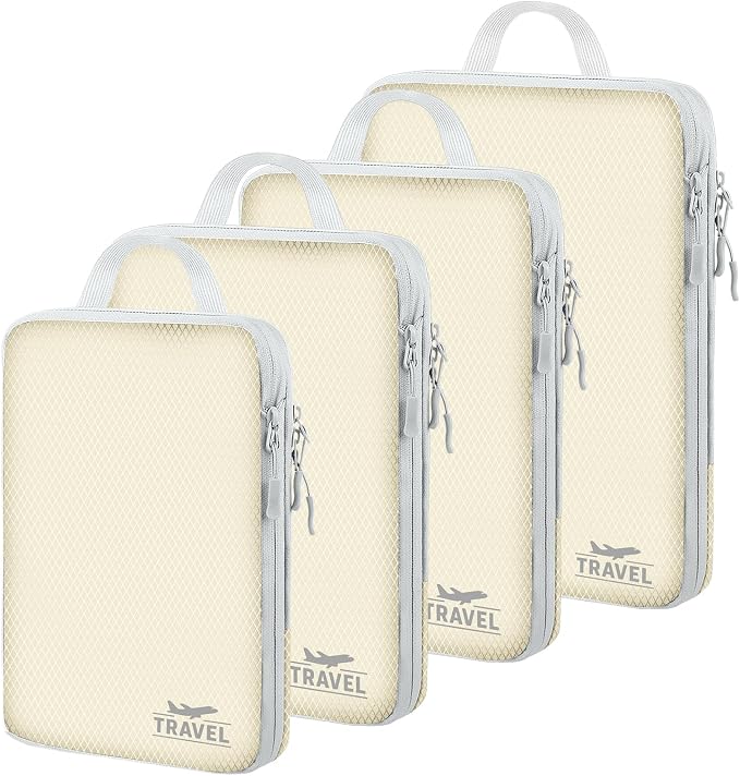 4 Set Compression Packing Cubes, Suitcase Organizer, Lightweight Travel Essentials, Compression Bags For Travel Accessories Luggage Storage Set (4 Pcs, Beige) by Unknown