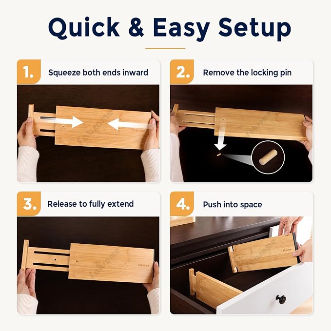 Fabsome Drawer Divider 6 Pack, Bamboo Dresser Organizers for Clothes Socks Underwear Baby Clothing, Wooden Separators for Nursery Organization Adjustable from 12.5'' to 17'' with Soft Foam Ends - Image 7