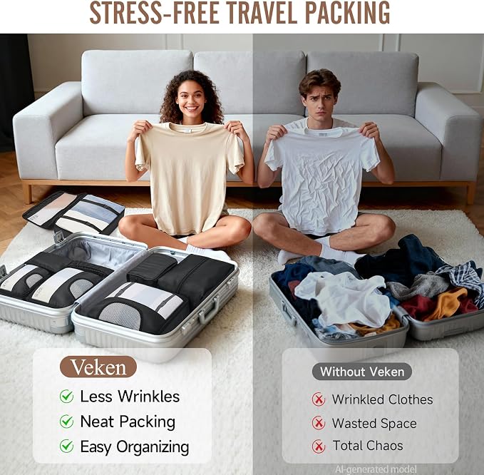 Veken 10 Set Packing Cubes for Travel Essentials,Anti-Wrinkle Buckled Suitcase Organizer for Shoe & Toiletry Bag,Carry On Luggage Bag with 99+ Count Mesh Holes for Airplane & College Dorm Accessories - Image 7