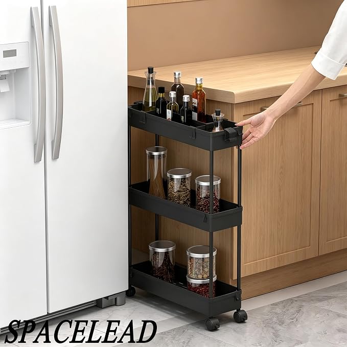 Slim Storage Cart 3 Tier,Bathroom Organizer Rolling Utility,Mobile Shelving Unit Slide Out for Office, Kitchen, Laundry Room & Narrow Places,Black - Image 6