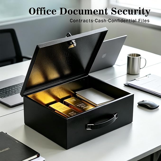 xydled Fireproof Document Box with Key Lock, Fire Safe Box, Black | Fire and water resistant lock box for documents, passports, cash and valuables, keeping secure at home, 13.2 x 11 x 5.1 Inch - Image 8
