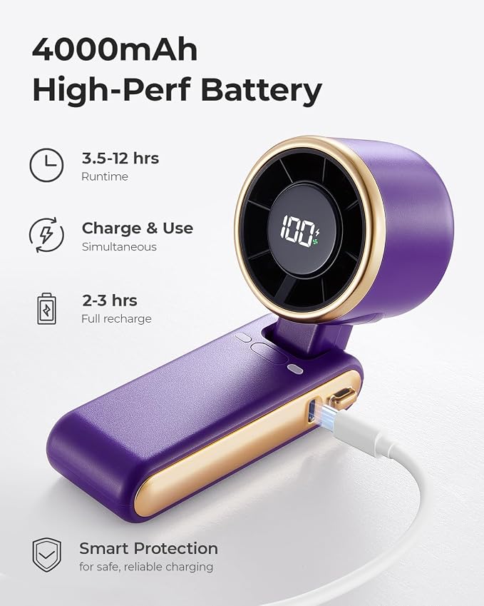 Portable Handheld Turbo Fan - 5 Gear High Speed 4000mAh Rechargeable Mini Personal Hand Fan Blow Cold Air, Battery Operated Travel Essentials, Beach Vacation, Gifts for Women, Men (Purple) - Image 5