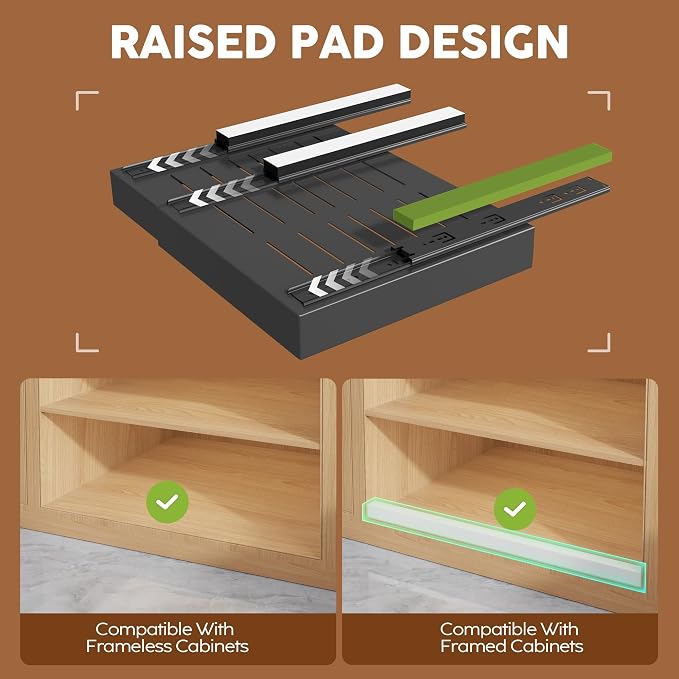 Seinloes 2Pack Expandable Pull Out Cabinet Organizer 21"Deep with Raising Pad for Framed Cabinets, Upgrade 3 Slide Rails Slide Out Drawers, Roll Out Shelves Adhesive,Adjustable Width 12.05"-20.4"Black - Image 2