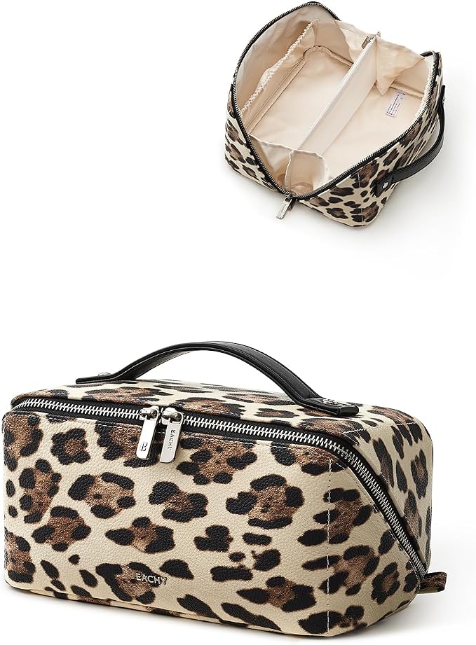 EACHY Travel Makeup Bag for Women, Flat Open Leopard Print Cosmetic Bag | Leopard-print PU leather cosmetic bag opens flat with dividers and clear TPU brush pocket for makeup and travel essentials - Image 6