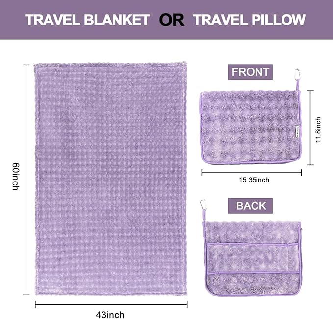Soft Cozy Travel Blanket for Airplane Train and Car, Dusty Purple | Lightweight, Blanket or Pillow 2 in 1, Compact with Portable Bag Pillowcase, with Luggage Sleeve and Backpack Clip - Image 6