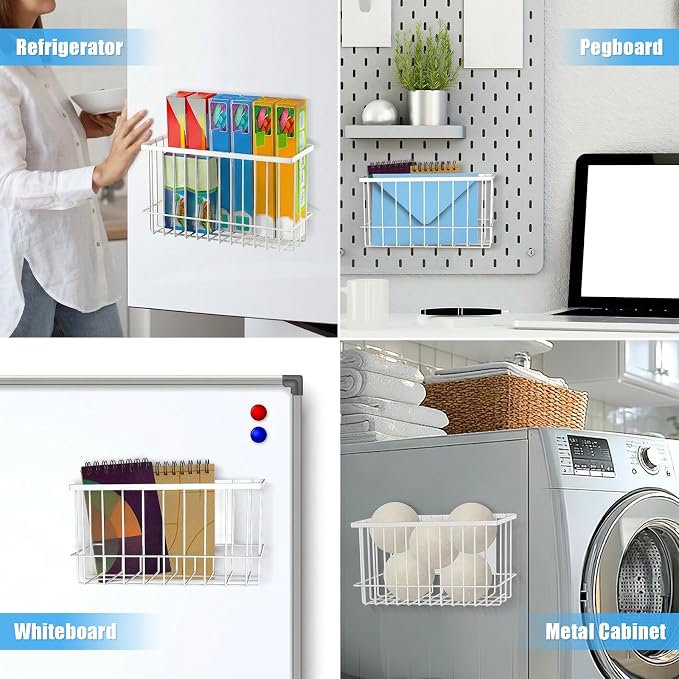 NiHome Magnetic Basket Organizer, Dryer Ball Holder, 2 Pack, White | Hold Up to 14 Lbs, Fits Fridge or Any Metal Surface, No Drill Install, Saves Space for Home or Office, Medium & Small - Image 5