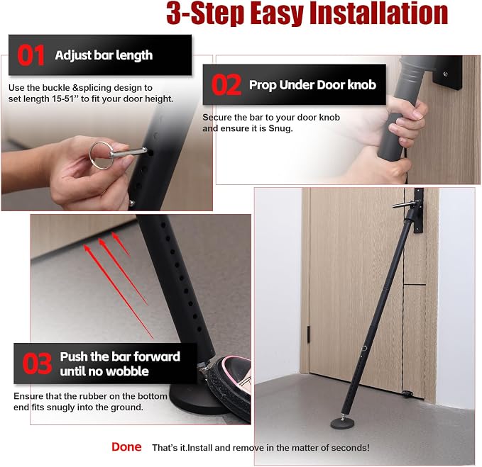 Heavy Duty Door Security Bar, 24.5"-50.7" Adjustable Door Stopper with Large Anti-Slip Base, 360° Swivel Foot, Portable Door Brace for Hinged Doors, Sliding Windows, Hotel & Apartment - Image 7