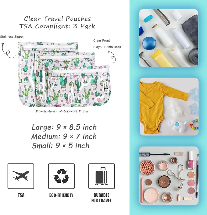 HIONXMGA Set of 3 Clear Travel Toiletry Bag, TSA Approved, Quart Size S/M/L | Clear Front Zipper Pouches Waterproof Cosmetics Bags for Women Kids Toiletries Baby Essentials Well-Organized Carry, Cacti A - Image 3