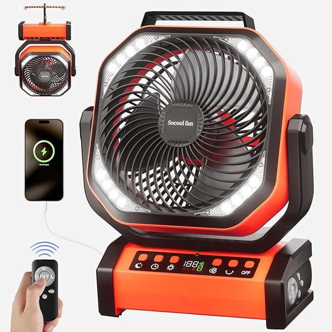 Socool Camping Fan with Light, 20000mAh Rechargeable Battery Fan with Remote, 112Hrs & 8 Speeds, Digital Display, Timer, Auto Oscillation, 270° Pivot & Hook for Outdoor Tent, Hurricane, Power Outage by Socoolfancoolinhand