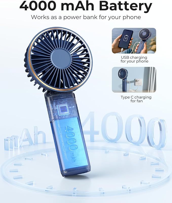 TUNISE Portable Handheld Fan, Portable Fan Rechargeable, 4000mAh, 180° Adjustable, 6 Speed Wind, Display Electricity in Real Time, USB Rechargeable Foldable F an, Quiet Personal Fan with Power Bank - Image 4