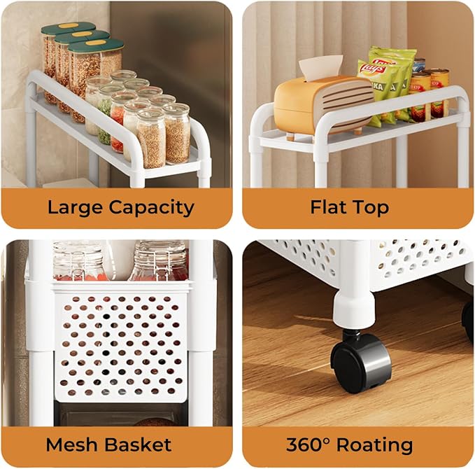 Slim Rolling Storage Cart for Small Space, 4 Tier White Utility Cart Shelves Organizer, Plastic Storage Cart on Wheels for Kitchen, Office, Bathroom, Laundry Room and Narrow Places - Image 4