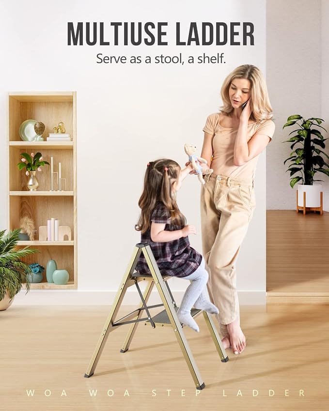 Aluminum 2 Step Ladder, Foldable Step Stool, 300lbs Load, Gold | Folded 27''H x 2''T; Net 6.6 lbs; Rigid Aluminum Steps; No Assembly; For Home, Kitchen, Office, Pantry, Closets, Cabinets - Image 8