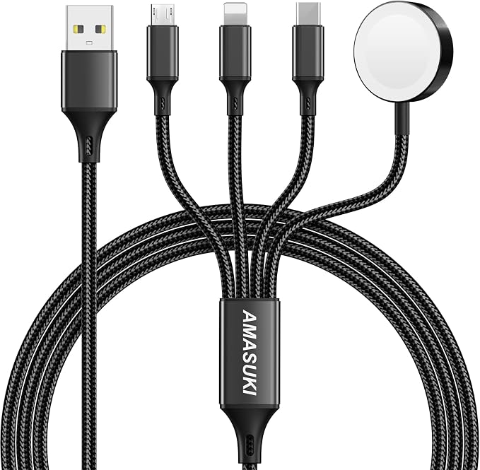 Amasuki Travel Essentials,4 in 1 for Apple Watch Charger/iPhone Charger/Multi Charging Cable,Vacation RV Camping Essentials,USB C/L/Micro Portable Charger for iWatch 11-1/iPhone 17-12,Car&Gift-Black by ChargeBeyondPowerWithin