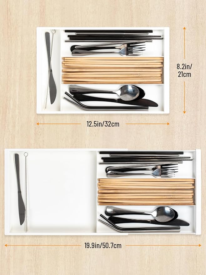Silverware Drawer Organizer Tray (Cream) | Adjustable Small Utensil Holder for Spoon and Fork, Expandable Flatware Cutlery Tray for Kitchen Drawers - Image 2