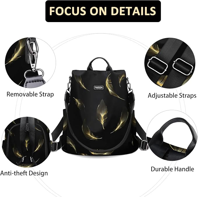 Travel Backpack Purse for Women Anti Theft Convertible Backpacks Fashion Waterptoof Nylon Daypack Black Feather | Hidden Back Zipper Opening, Compact Travel Size,Summer Purse, Daypack for College Work, Fits 13-inch laptop - Image 3