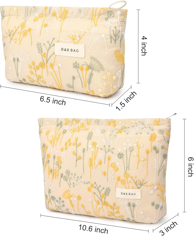 SOIDRAM 2 Pcs Makeup Bag Large Cosmetic Bag Toiletry Bag Makeup Pouch Travel Bag Organizer Cute Makeup Brushes Aesthetic Accessories Storage Bag for Women Wildflower Embroidery - Image 4