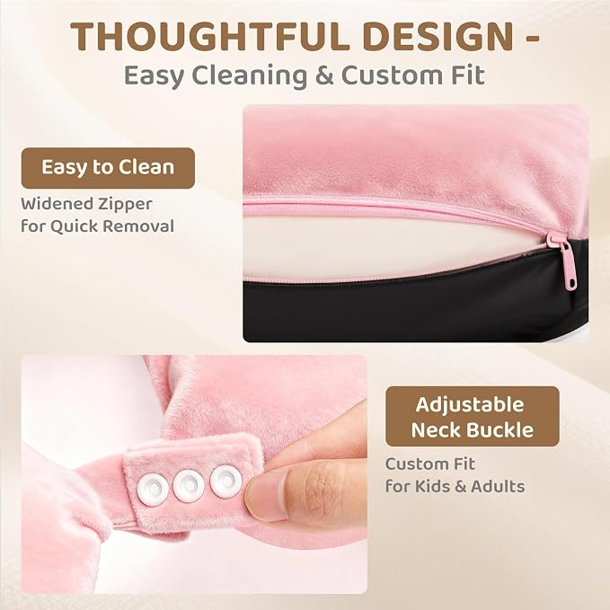 Mewaii Travel Neck Pillow, Airplane Pillow with Hood, Memory Foam, Pink | Neck Support, Reversible, Adjustable Strap, Washable Cover, Cat-Ear Hood, Storage Bag, for Flights, Adults & Teens - Image 7