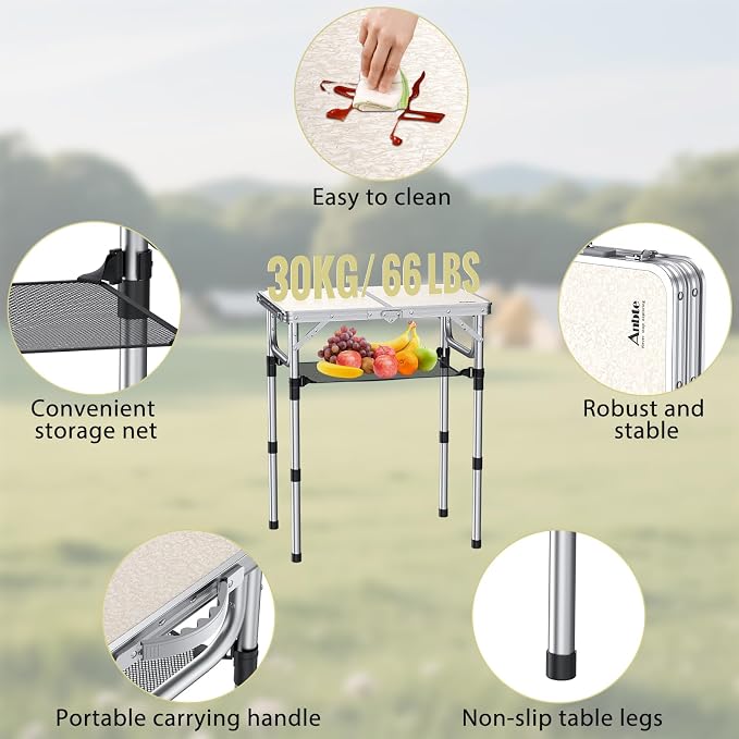 Anbte Folding Camping Table, 24"X 16" Adjustable Height Small Folding Table | Aluminum, with Carrying Handle, Lightweight, Portable Camping Table for Outdoor Indoor Picnic Beach BBQ Grill Patio (Silver) - Image 5