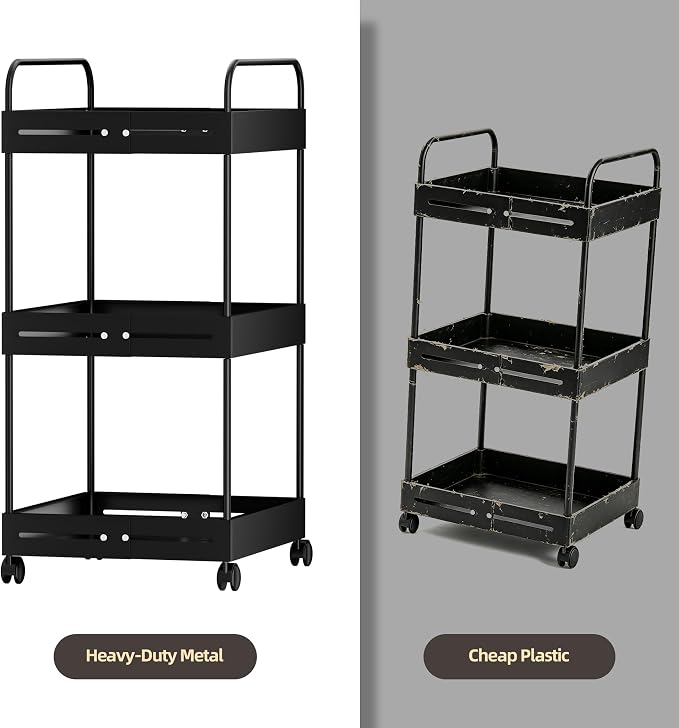 Extendable 3 Tier Heavy Duty Metal Utility Cart for Bath, Black | Adjustable Storage Slim Cart | with 360° Swivel Wheels Cart | Detachable | Perfect for Laundry, Kitchen, Office, Garage - Image 9