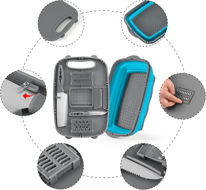 Gintan Collapsible Camping Cutting Board, 9-in-1 Chopping Board with Colander, Kitchen Vegetable Washing Basket for Camping, Camping Gifts Camping Accessories for RV Campers (Blue+Grey) - Image 8