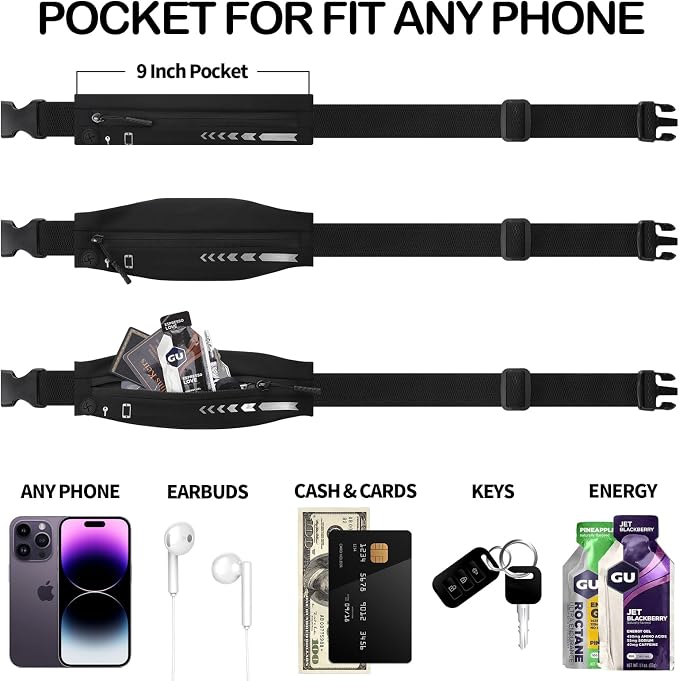 USHAKE Slim Running Belt for Women Men-Runners Phone Holder Fanny Pack, Adjustable, Bounce Free Waist Pouch bag for Workout, Money Belt, Run Gear Accessories Black - Image 8