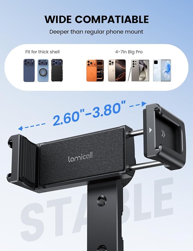 Lamicall Phone Tripod Mount Adapter with 3 Cold Shoes, Arca Port&1/4" Screw | Aluminum Alloy, Wider Clamp Camera Phone Holder 360° Phone Stand for Video Streaming Vlogging Rig for iPhone 17-5 Smartphone - Image 6