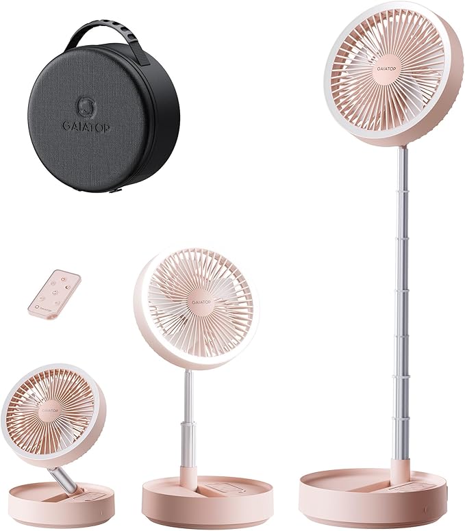 Gaiatop Portable Pedestal Fan 16000mAh Battery [Max 74h Runtime], Foldable Oscillating Standing Fan, Collapsible Desk Fans, LED Light, Case & Remote Control, 4 Speeds for Outdoor Travel Camping (Pink) by GAIATOP