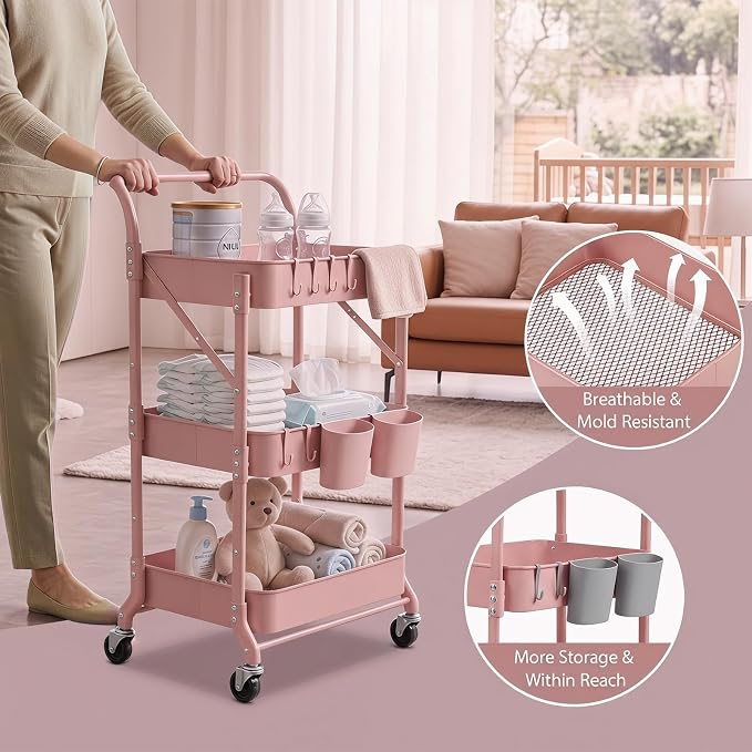 Amatic 3-Tier Folding Rolling Utility Cart with Wheels, Foldable Storage Cart Organizer with 3 Hanging Cups & 6 Hooks for Kitchen, Office, Living Room, Nursery(Pink) - Image 5