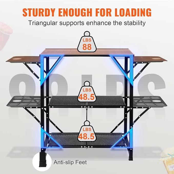 VEVOR Camping Kitchen Table, Aluminum Folding Portable Outdoor Cook Station with 4 Iron Side, 2 Shelves & Carrying Bag, Quick Installation for Picnic BBQ Beach Traveling - Image 8