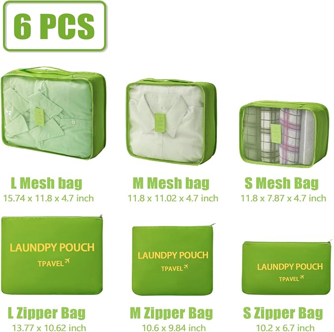 6 Set Packing Cubes for Travel Luggage Organizer Bags Reusable washable Suitcase Packing Cubes Set Travel Accessories Essentials (Green) - Image 2