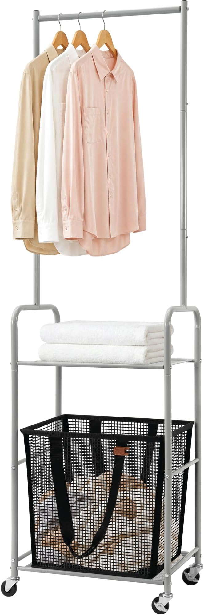 STO STO 3-in-1 Laundry Cart with Hanging Rack, Slim Space-Saving Rolling Laundry Sorter Hamper with Hanging Bar, Removable Pop-Up Mesh Laundry Basket, Storage Shelf, Lockable Wheels for Small Spaces by STOSTO