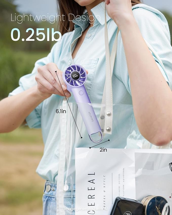 Gaiatop Portable Mini Fan, 3 Speed Handheld Fans with Power Display Flashlight, USB Rechargeable Battery, Lightweight Personal Cooling for Women Men Indoor Outdoor Travel Purple - Image 4