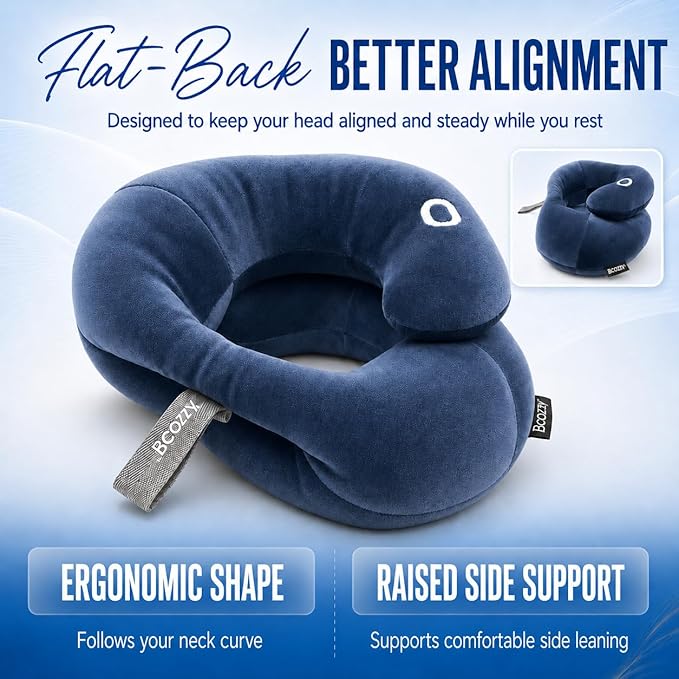 BCOZZY Flat Back Travel Neck Pillow – Patented Neck Pain Relief & Support for Head, Neck, and Chin. Ideal for Airplanes, Long Flights, Car Rides. Adjustable, Washable, with Carry Bag. Large, Navy - Image 2