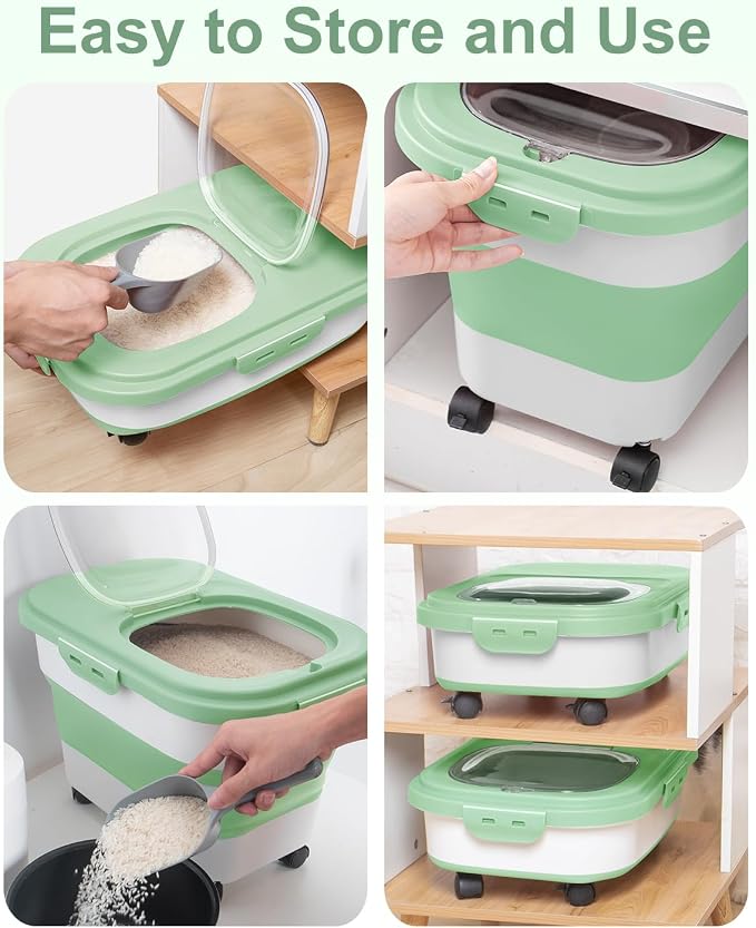 20-30 Lbs Rice Storage Container,Collapsible Food Storage Container | Flour Storage Container with Wheels Airtight Locking Lid,Cat Food Container Double Seal,Keep Fresh for Pet Food,Rice,Flour - Image 4