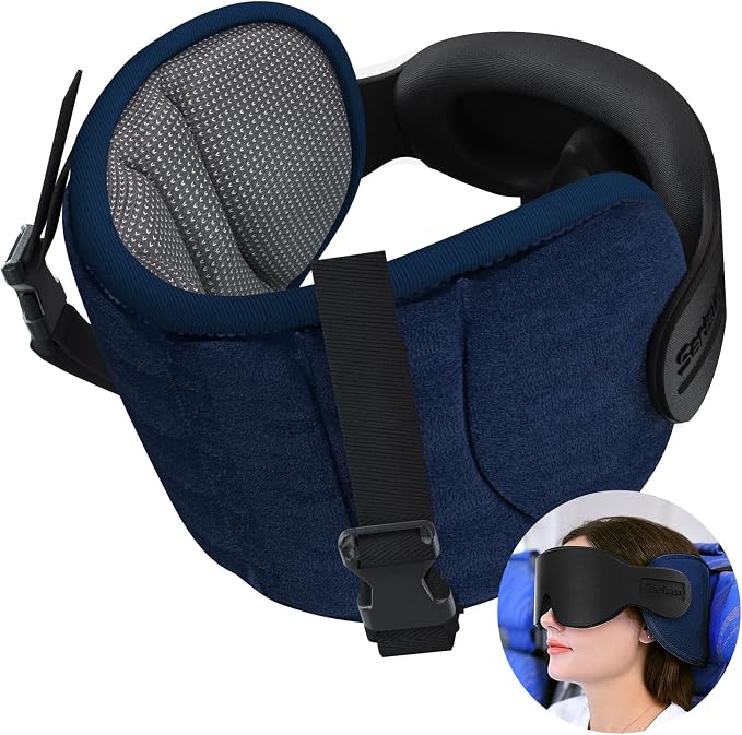 SARISUN Travel Pillows for Airplanes, Stable Head Support, Travel Essential | Airplane Pillow with Eye Mask, Seat Strap Secures to Headrest, for Stop Bobblehead, for Long Flight Road Trip, Mottled Grey by SARISUN