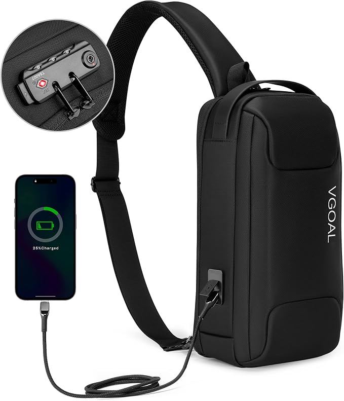 VGOAL Anti Theft Crossbody Bag for Men Sling Backpack Chest Shoulder Bag | Waterproof,Combination Lock,USB Charge Port,Portable,Minimalist,13*6.7*3.5Inch,Fit 9.7" IPad,Business,Travel,Cycling,Hiking - Image 5