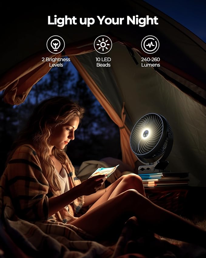 Koonie 8'' 10000mAh Portable Clip on Fan with LED Lantern and Hook | Battery Operated Desk Fan, Quiet Camping Fan with LED Digital Display, 360° Rotation & 3 Speeds for Travel Tent Gym Treadmill - Image 6