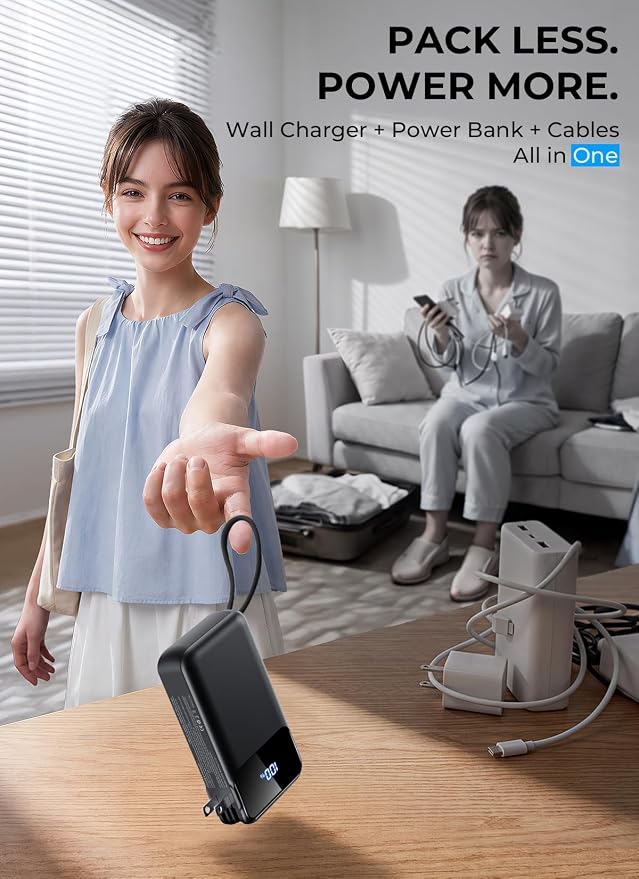 Portable Charger 50000mAh, Power Bank with Built-in Cables & Wall Plug | Fast-Charging, Ultra-High-Capacity Battery Pack for Travel Essential, for iPhone, Samsung, Google Pixel, and iPad-Black - Image 3