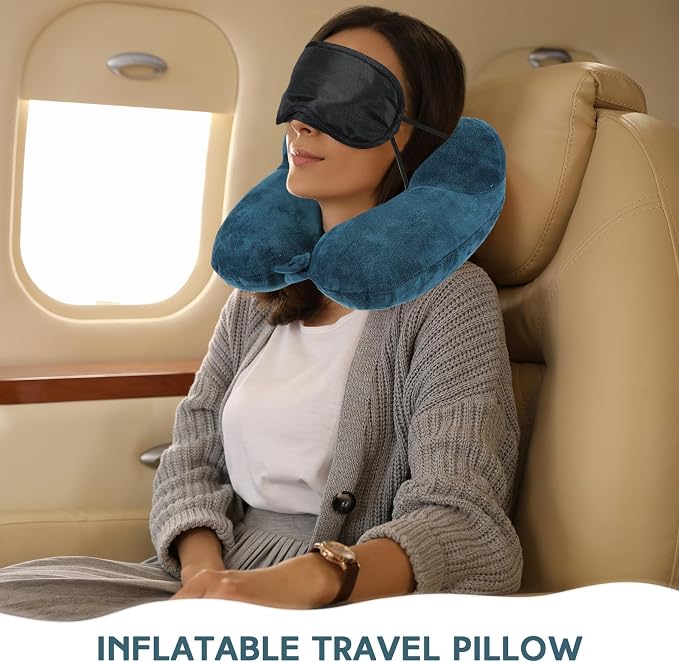 Sintuff 2 Pack Inflatable Travel Pillow for Airplanes Inflatable Neck Flight Pillows with Compact Bag and Blindfold for Traveling, Airplane, Train, Car, Office(Peacock Green and Black) - Image 4