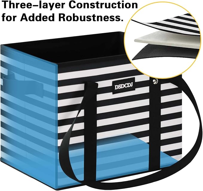 Reusable Grocery Bags 3 Pack - Heavy Duty Reusable Shopping Bags with Hard Bottom & Long Handles, Foldable Utility Tote Bag with Box Shape to Stand Up, 13x10.23x11in, Stripe Black - Image 4