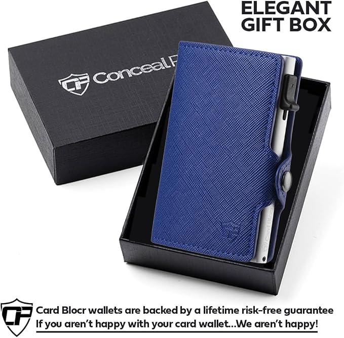 Pop Up Wallet for Women | RFID Blocking Slim Card Holder for Small Purse & Crossbody Bag | Compact Aluminum Wallet | Holds 4–6 Cards | Saffiano Navy Blue - Image 5