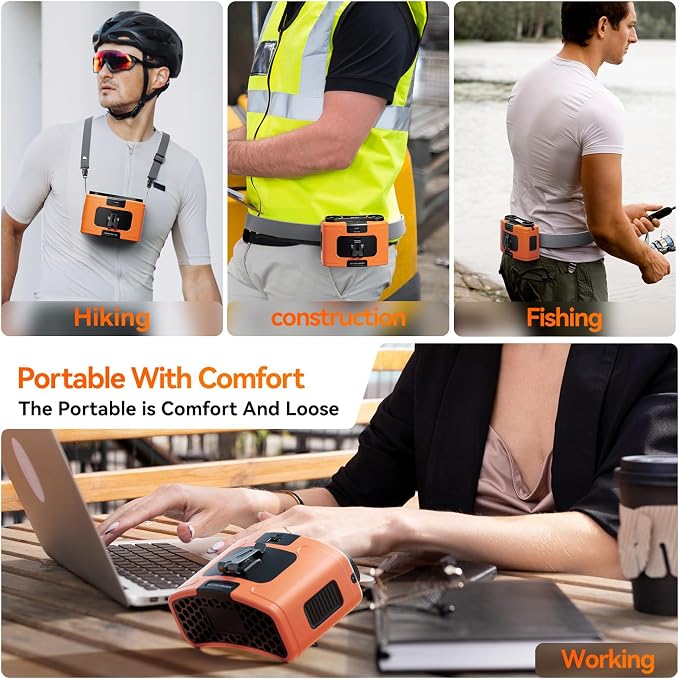 Doublepow 10000mAh Portable Waist Fan, Personal Dual Waist Fan, Clip On Belt Hanging Neck, Dual Motor 20H&10 Speed 16000RPM Strong Airflow, USB Rechargeable Fans, for Outdoor Work Travel(K60-Orange) - Image 7