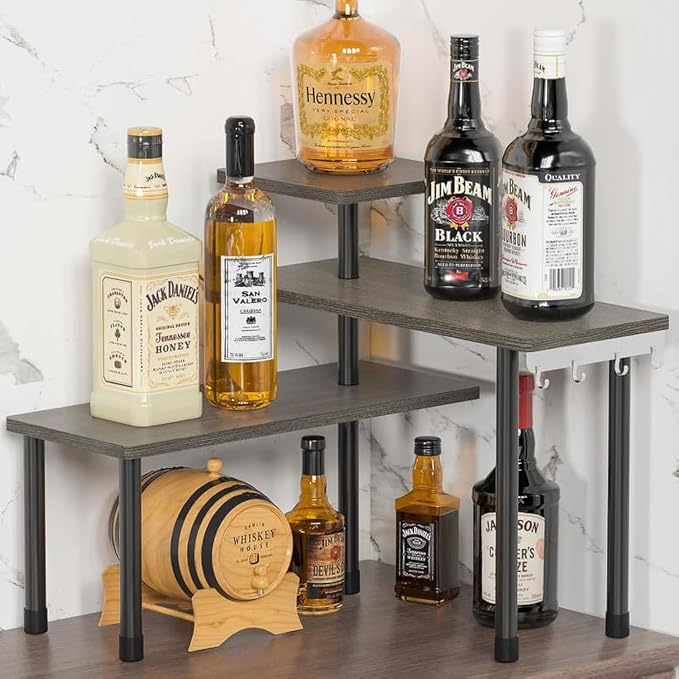 ZHWS Kitchen Countertop Organizer, Bathroom Counter Organizer, Adjustable 3 Tier Corner Shelf with 4 Metal Hooks for Counter Organize, Spice Rack, Makeups, Coffee Station Bookshelf (Rustic Grey) by ZHWS