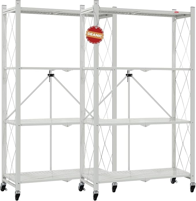 DEANIC 4 Tier Foldable Storage Shelves with Wheels, Large Capacity Shelving Unit, Freestanding Metal Wire Shelf Rack, No Assembly Organizer Rack for Garage Kitchen, Basement, Pantry(Grey Pack of 2) by ShowNow
