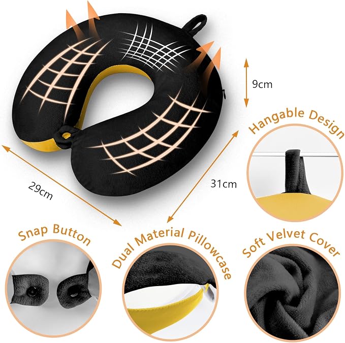 Travel Pillow, Memory Foam Neck Pillow for Traveling, U Shape Airplane Portable Flight Pillow Adult Travel Neck Pillow for Plane Train Car Home Office (Black * Yellow) - Image 5
