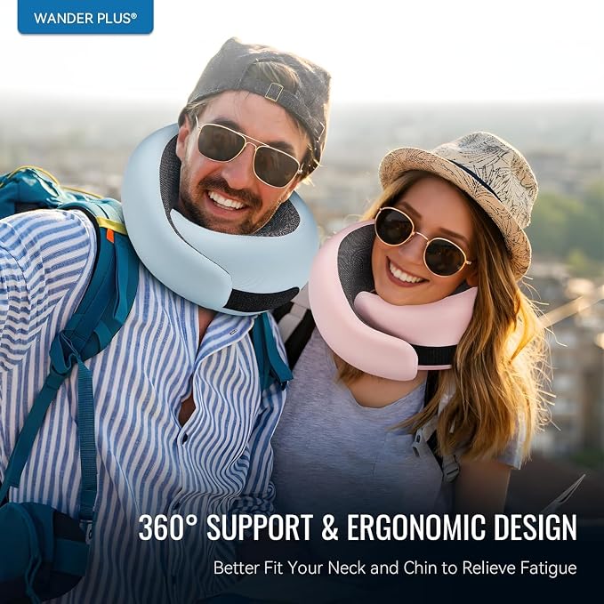 WANDER PLUS® Travel Neck Pillow, Pure Memory Foam Neck Pillow for Airplanes, Comfortable Breathable Cover, 360 Degree Support Ergonomic Design Best for Sleeping Plane Train Travel Essentials Max Pink - Image 6