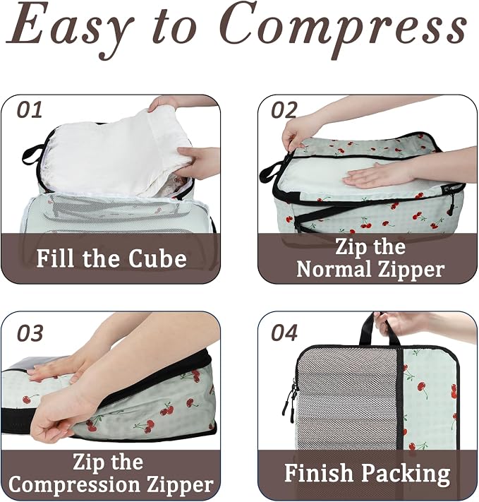 U+U 4 Set Compression Packing Cubes, Travel Organizers (Sage Green Cherry) | Space-Saving & Lightweight Travel - Image 4