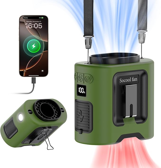 Socool 14500mAh Portable Waist Fan Clip on Belt 360 Rotation Wearable Rechargeable Personal Shirt Fan, 67H Cooling 5-Speed Battery Operated Fans with Light, Neck Fan Hanging for Outdoor Camping Travel by Socoolfancoolinhand