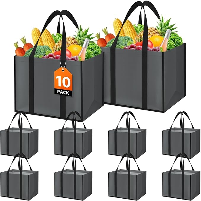 WISELIFE Reusable Grocery Bags with Handles, Foldable, 35L, 10 Pack, Gray | Large Shopping Bags with Reinforced Stitching, Water-Resistant Grocery Totes for Kitchen, Market, Car Trunk, Picnic by WiseLife